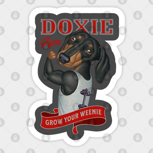 Cute Dachshund going to gym to grow your weenie in red Sticker by Danny Gordon Art